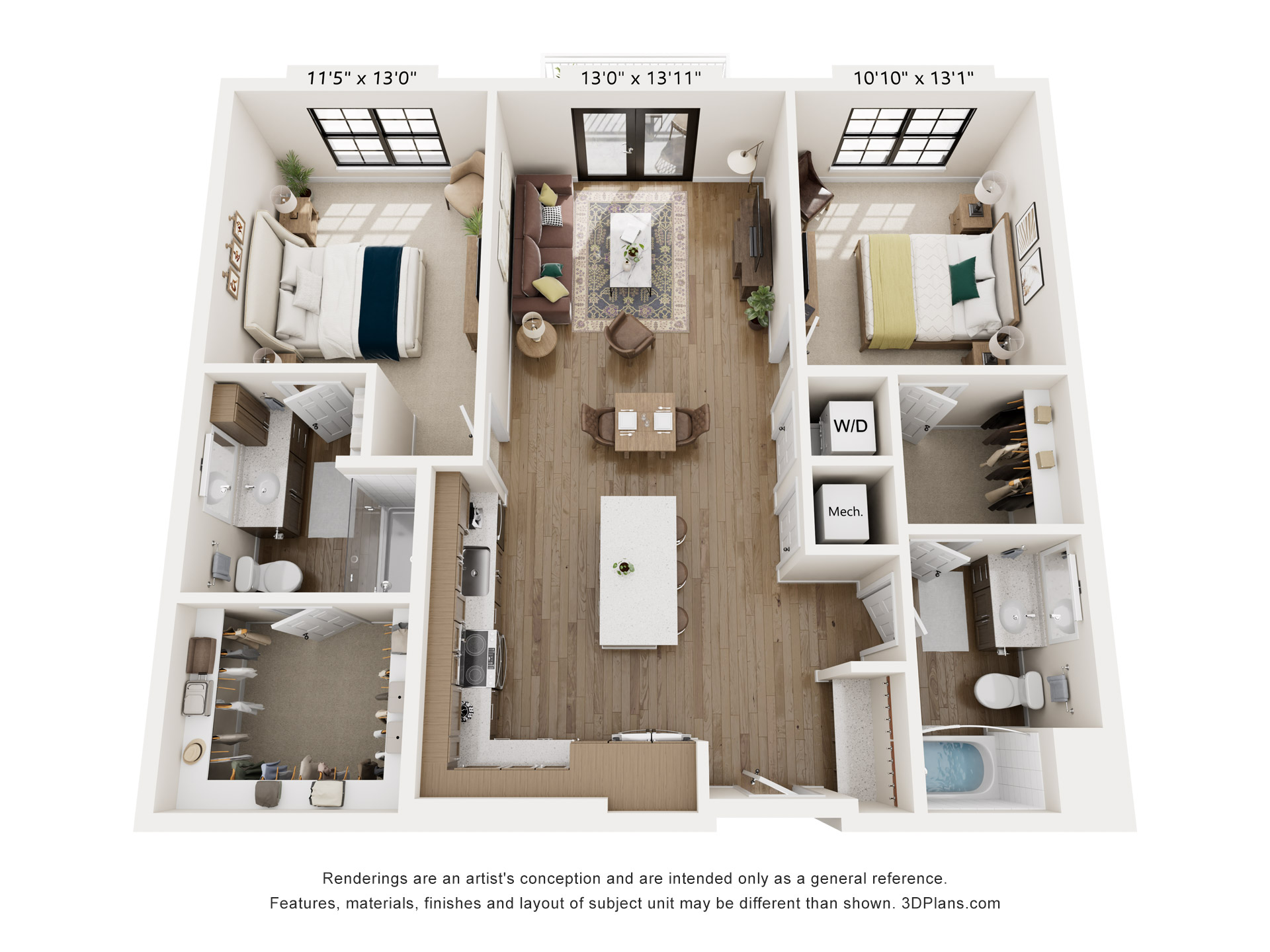 Floor plan for 2 beds, 2 baths, 1176 sqft